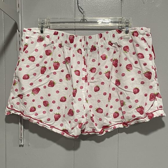Crafted by Mahogany Womens Strawberry Sleep Shorts Size Large White Pink Pockets - Picture 3 of 5